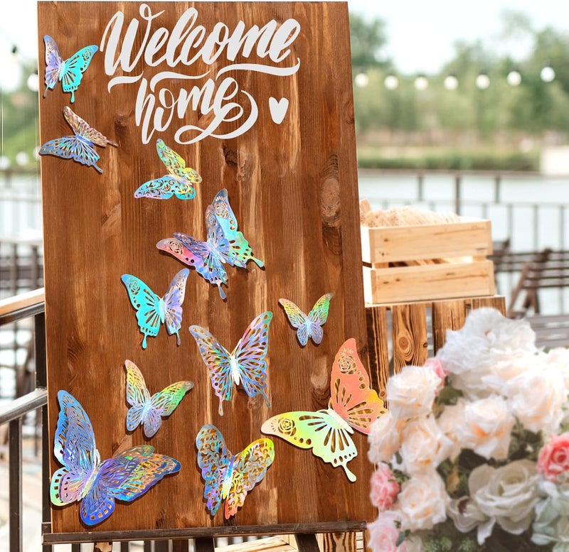 DELEMI 60 Pcs 3D Iridescent Silver Butterfly Wall Stickers, Holographic Decals With 5 Style Decorative Paper Murals for Nursery, Classroom and Glitter Party (Silver) - Image 2